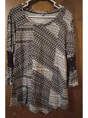 NY Collection Women's Top White/Black 3/4 Sleeve Size XL